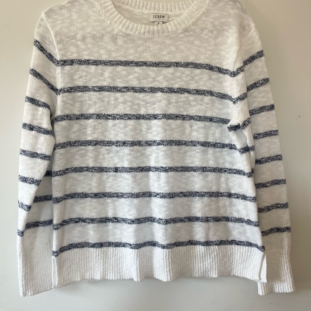 J. Crew White and Blue Crew Neck Sweater